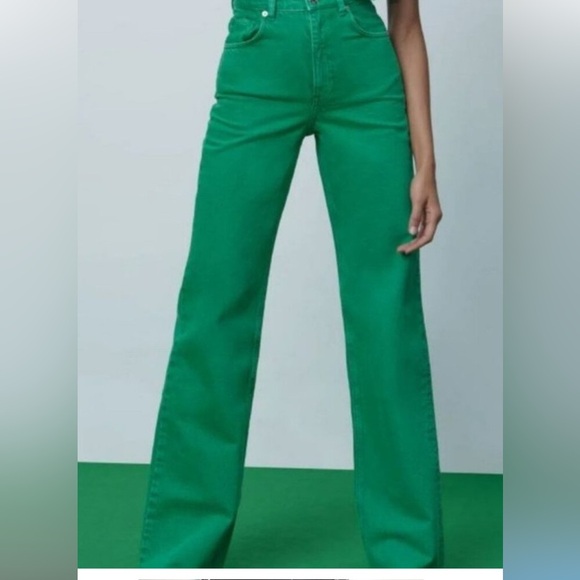 Zara Woman’s Wide Leg Raw Hem Green Jeans - Picture 10 of 10